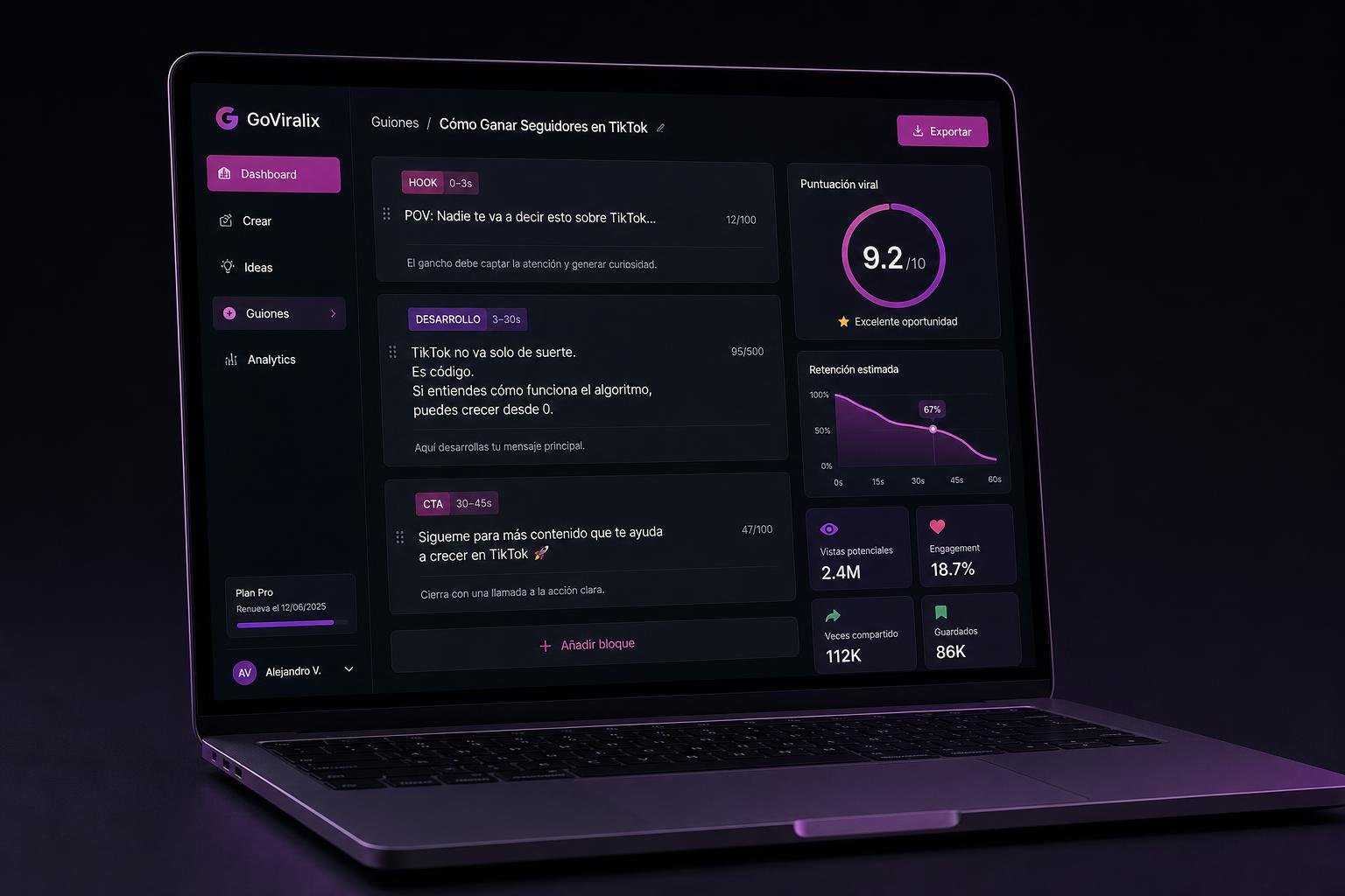 GoViralix abierto en un portátil mostrando el dashboard
